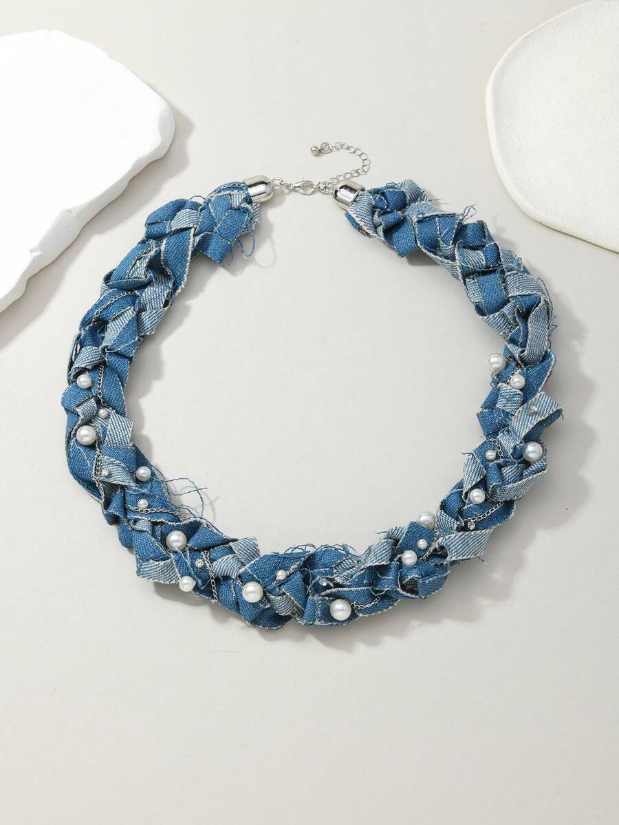 Upcycled Denim Braided Choker  - đánh giá và giá Pearl Necklace