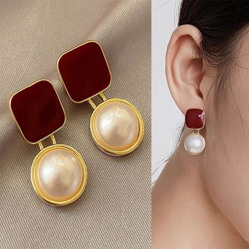 925 Silver Needle Vintage Red  - đánh giá và giá Pearl Stud Earrings